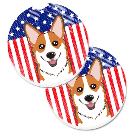 Carolines Treasures American Flag and Red Corgi Set of 2 Cup Holder Car Coaster BB2184CARC
